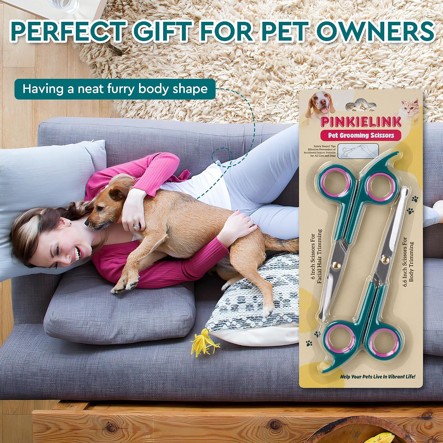 User demonstrating safe pet grooming with round tip scissors