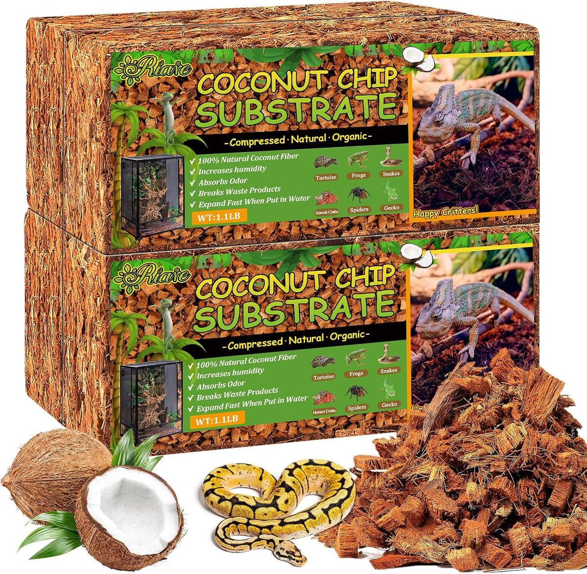 Safe chemical free coconut chip bedding for amphibians and lizards.