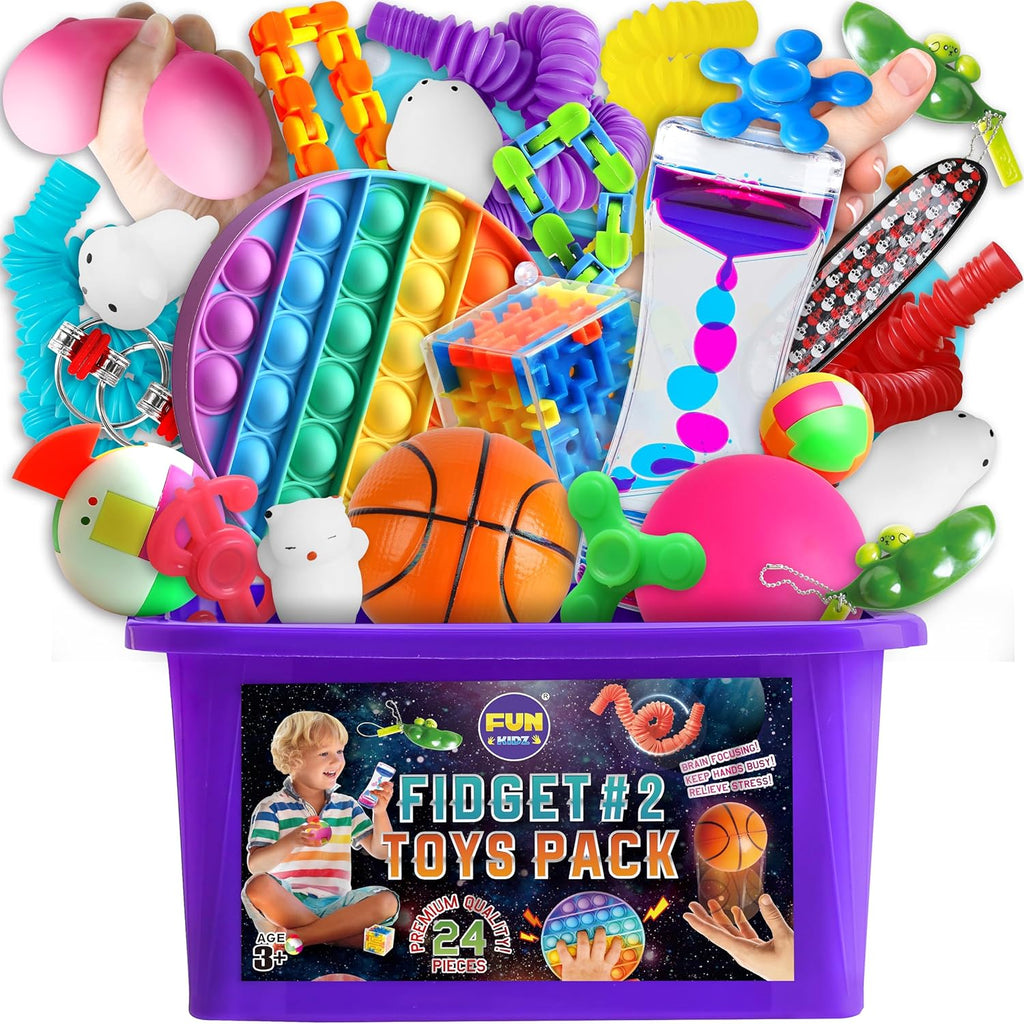FunKidz Fidget Pack Box sensory toy set with 23 pieces and purple storage case front view.