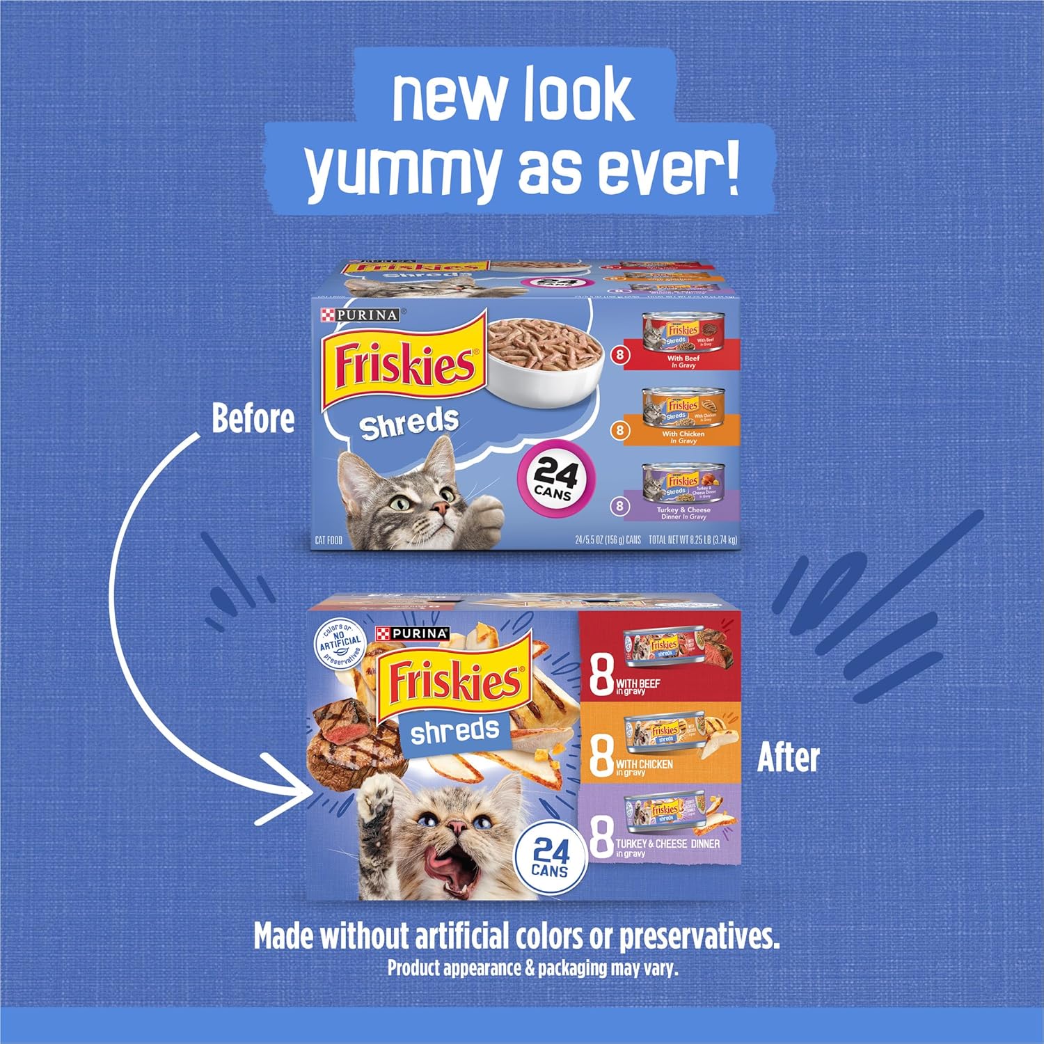 Purina Friskies shreds wet cat food variety pack packaging stack