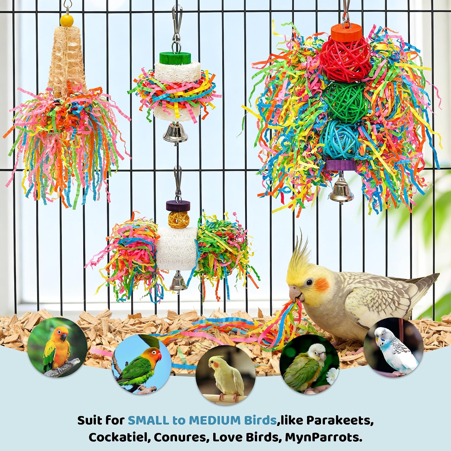 Natural loofah and rattan ball bird toys close up look