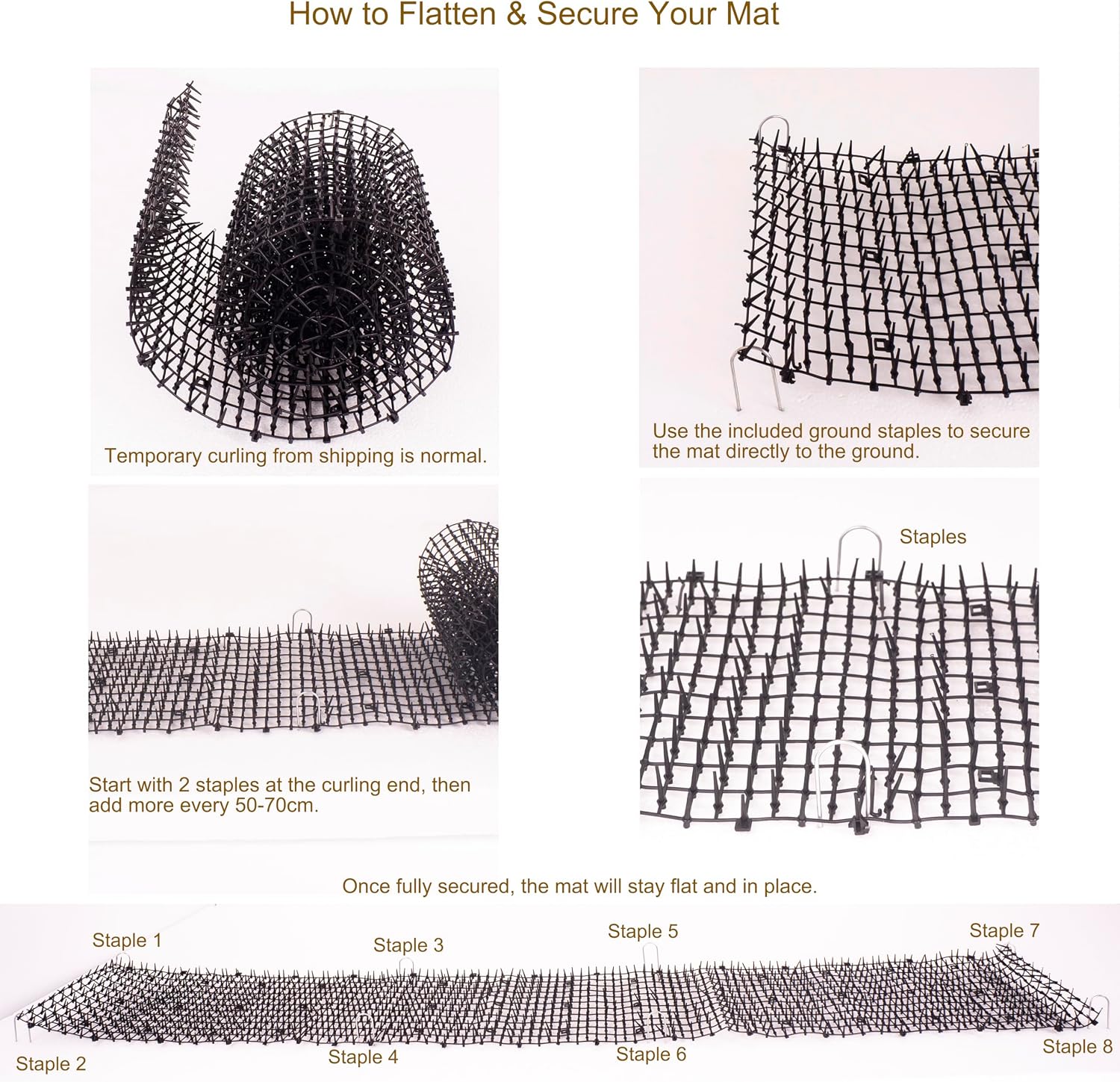 Cat Scat Mat roll with included U-shaped ground stakes