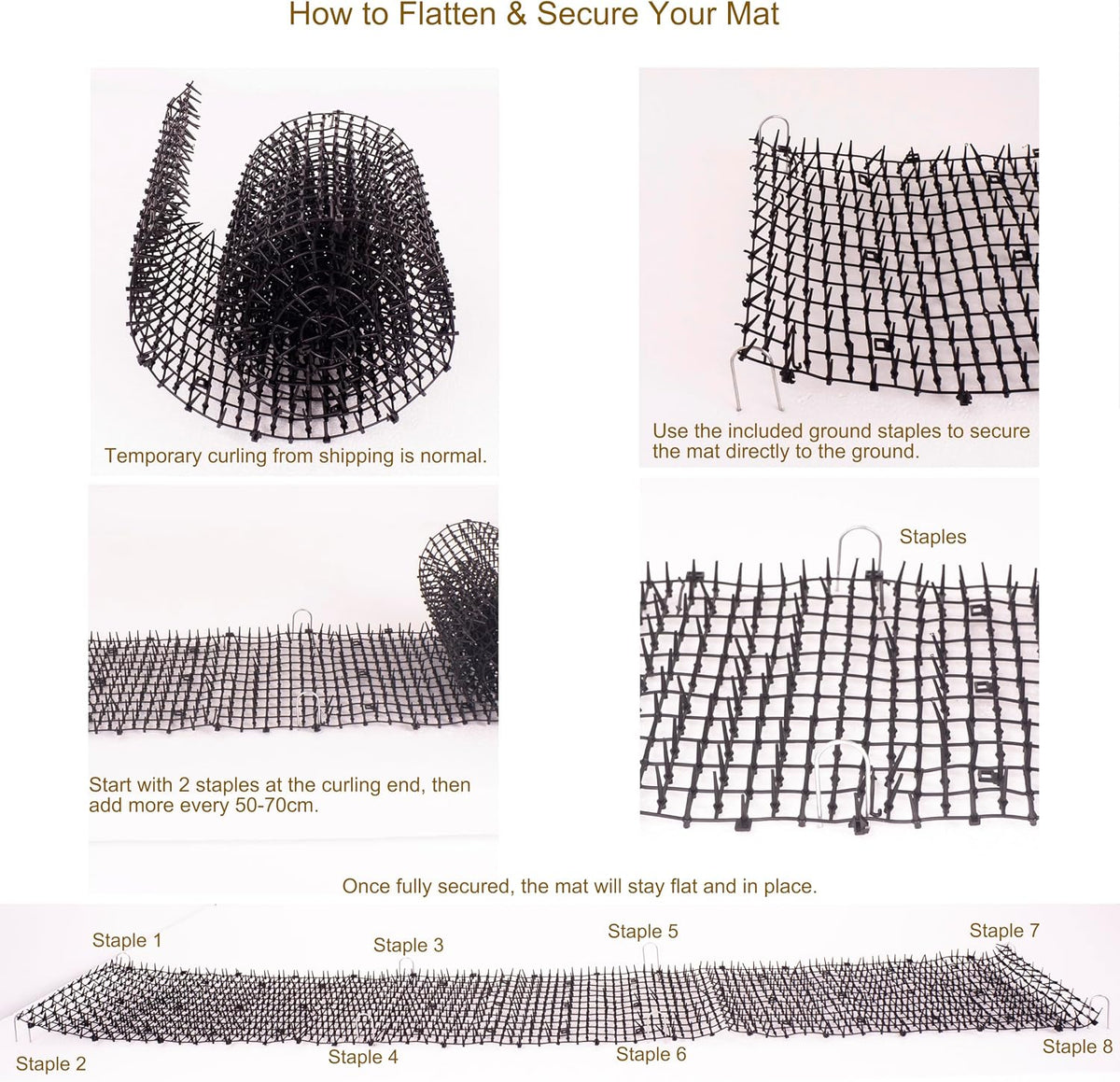 Cat Scat Mat roll with included U-shaped ground stakes