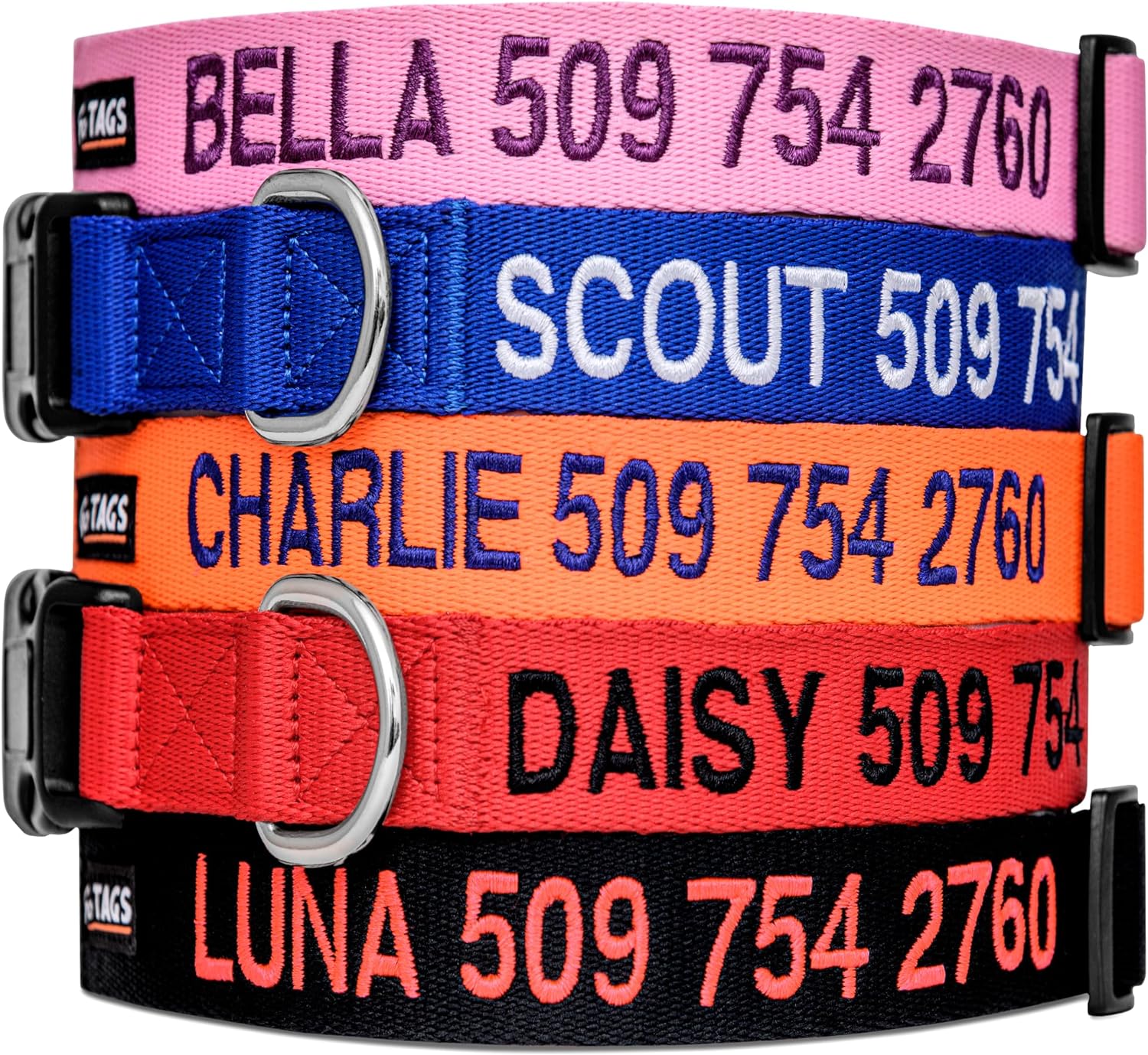 GoTags personalized dog collar front view with custom embroidery
