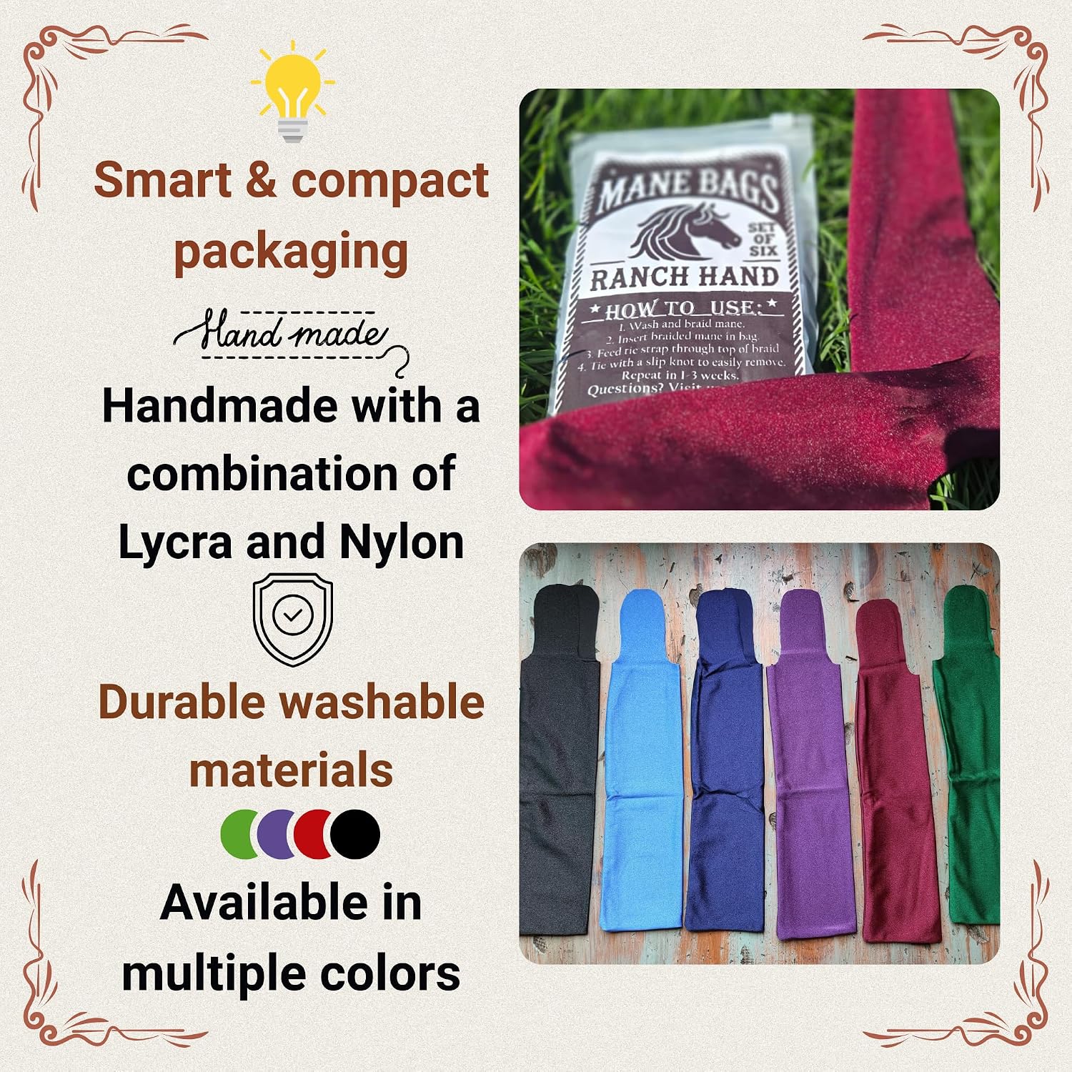 Horse Mane Bags for Horses, Set of 6 Handmade Lycra Mane Bags, Helps Reduce Tangles, Breakage & Rubbing, Washable Braided Mane Covers for Longer, Healthier Manes, Ranch Hand (Dark Blue) - Image 9