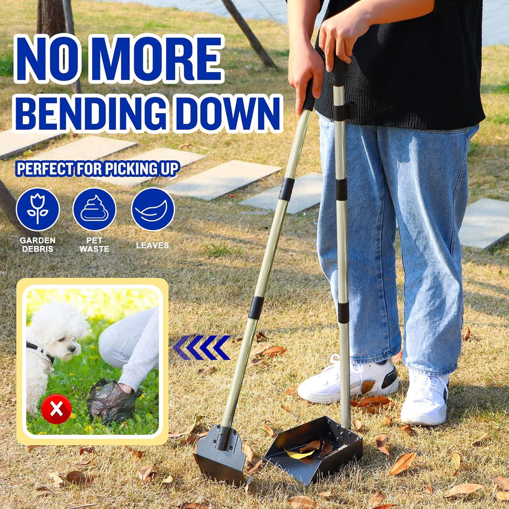 Adjustable long handle pet waste scooper kit with non stick aluminum tray and spade components.
