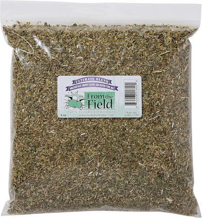 Angled view of the eco friendly packaging for From The Field natural cat stimulation formula.