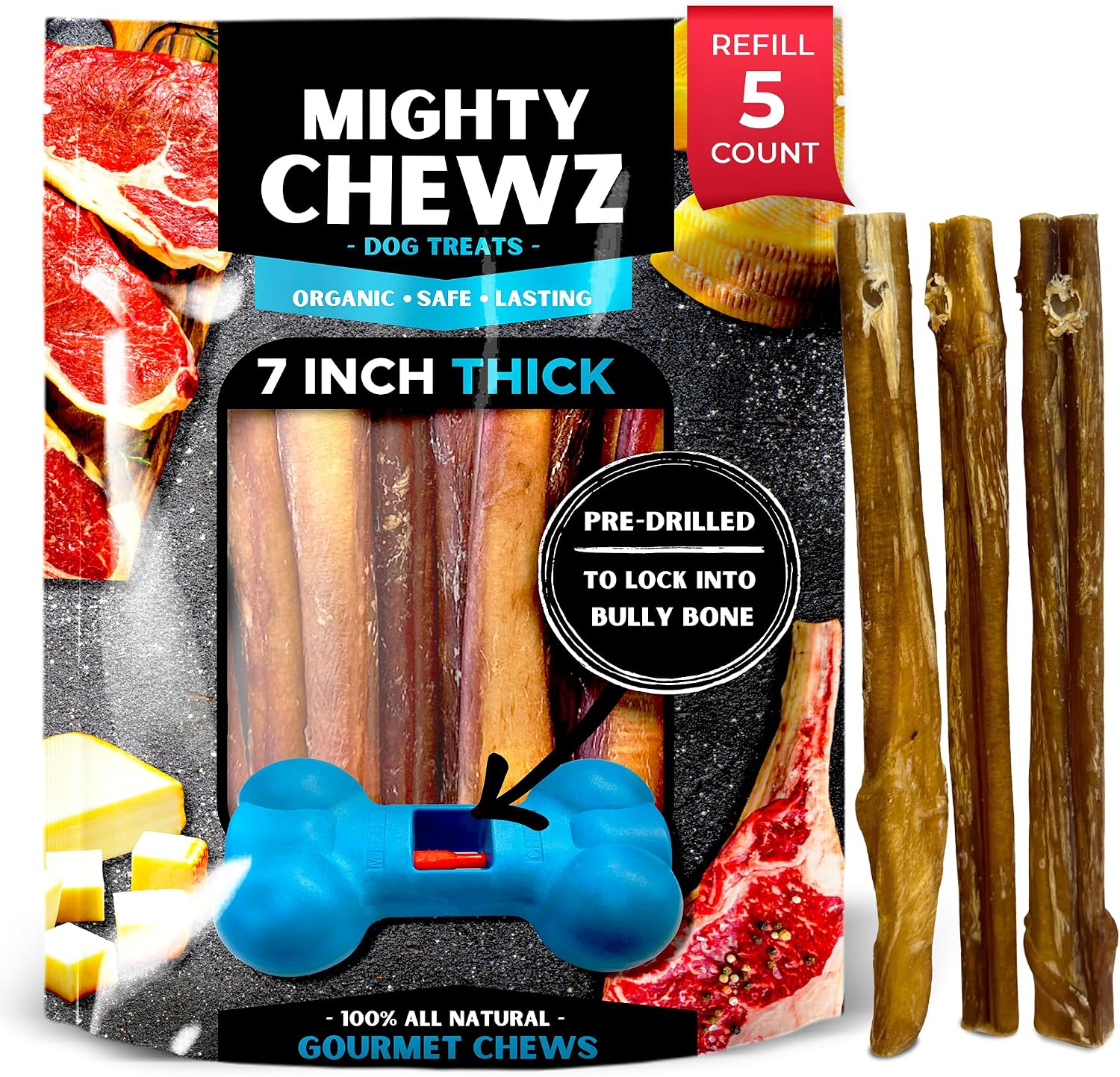 Mighty Chewz 7 Inch Thick Bully Sticks pack front view
