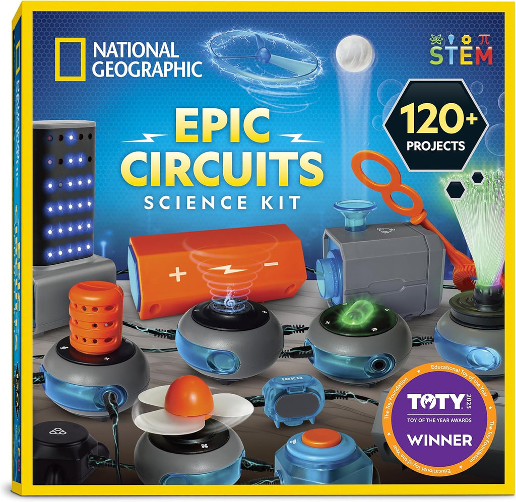 Blue Marble National Geographic Circuit Maker Kit front view packaging showing the STEM logo and bright electrical project layouts.