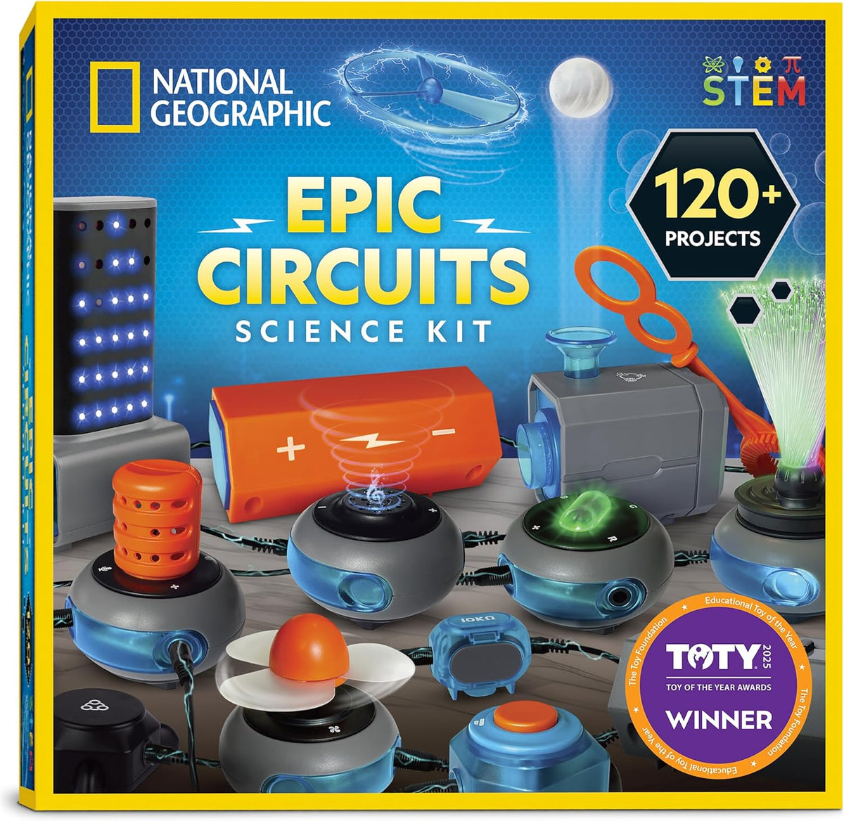 Blue Marble National Geographic Circuit Maker Kit front view packaging showing the STEM logo and bright electrical project layouts.