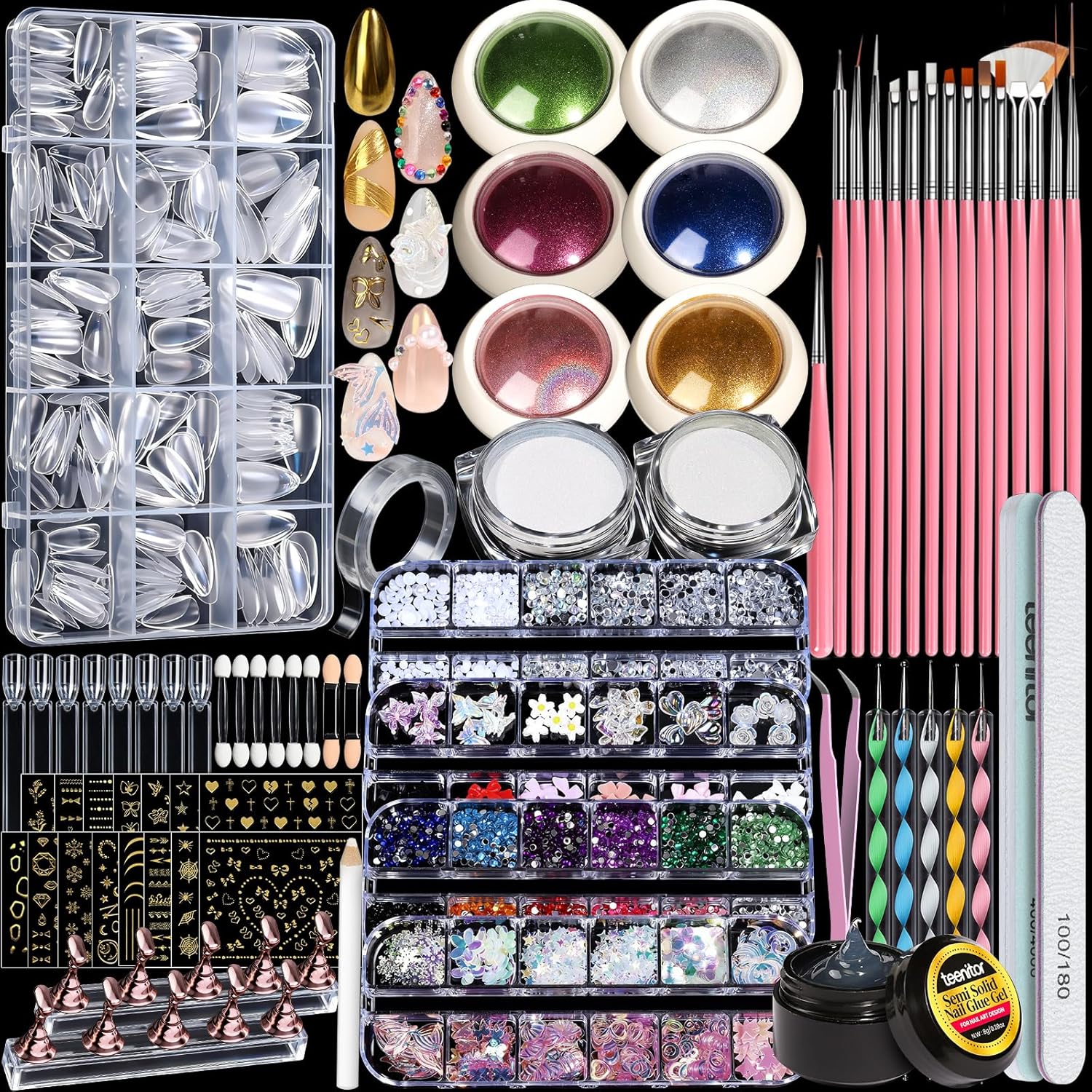 Teenitor acrylic nail kit with chrome powder and tools front view