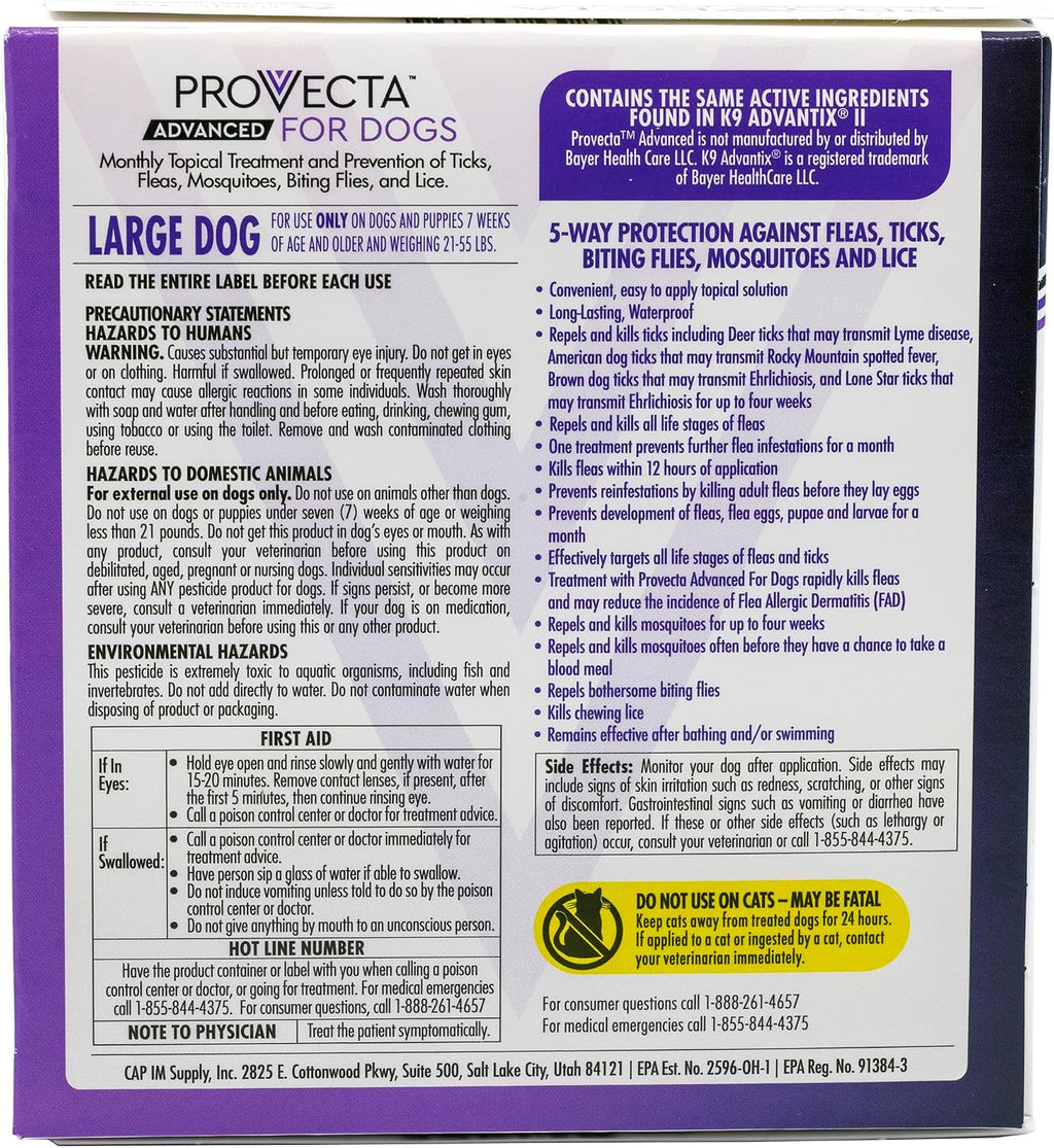 Provecta large dog monthly pest protection four month supply carton side view
