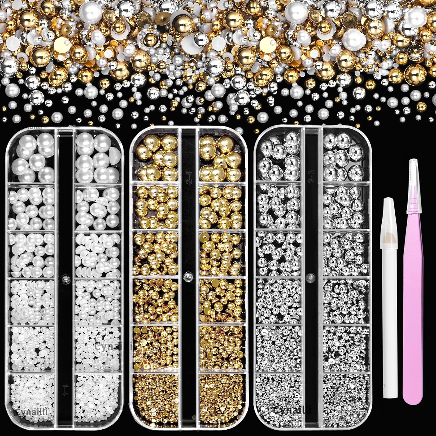 Cynailli 3 boxes gold silver and white half round pearl nail art set front view