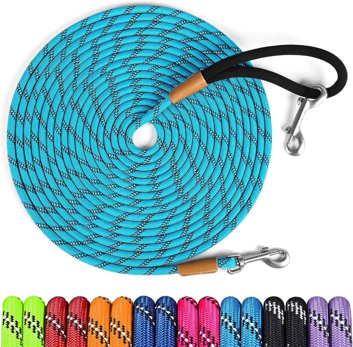 Lynxking long dog leash reflective light blue thirty feet front view