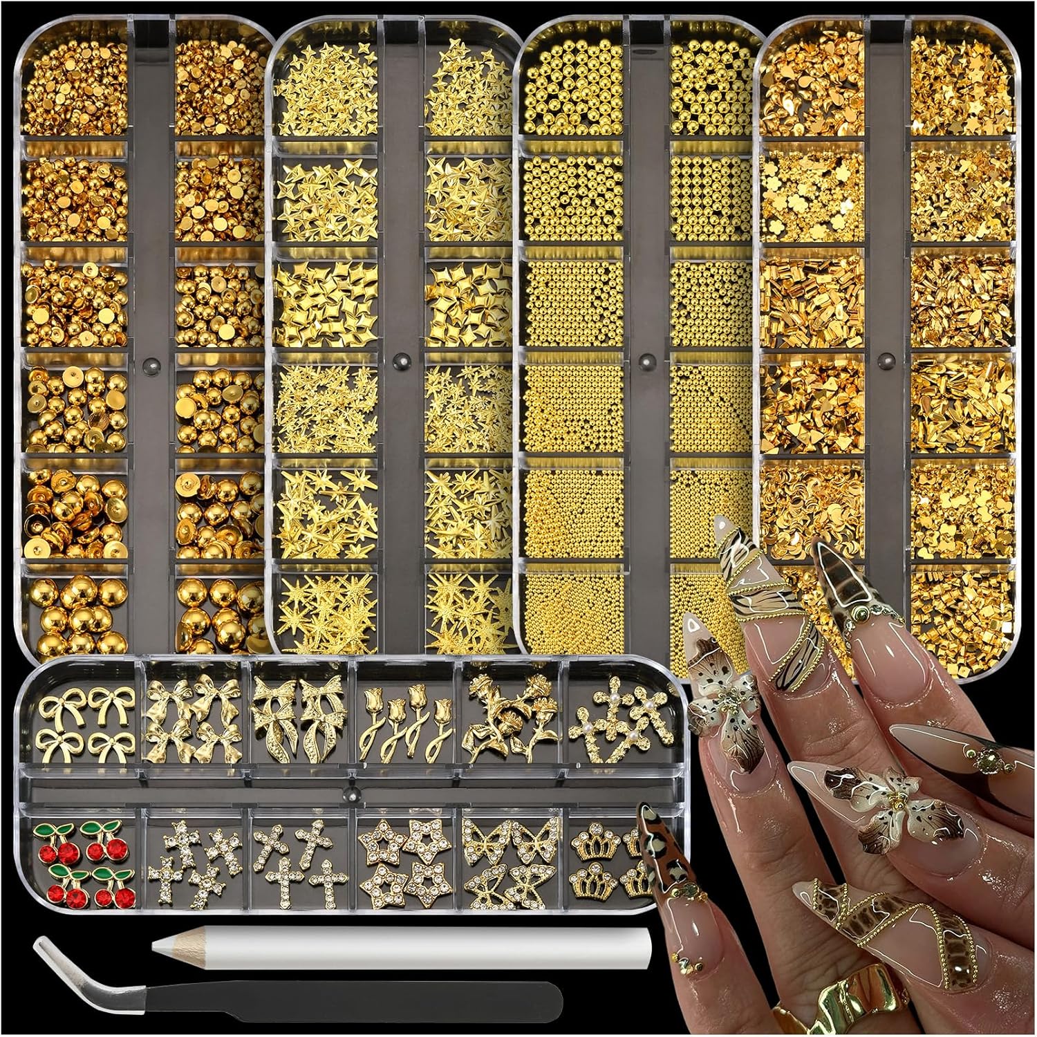 Uwetime 5 boxes gold nail charms and gems kit front view