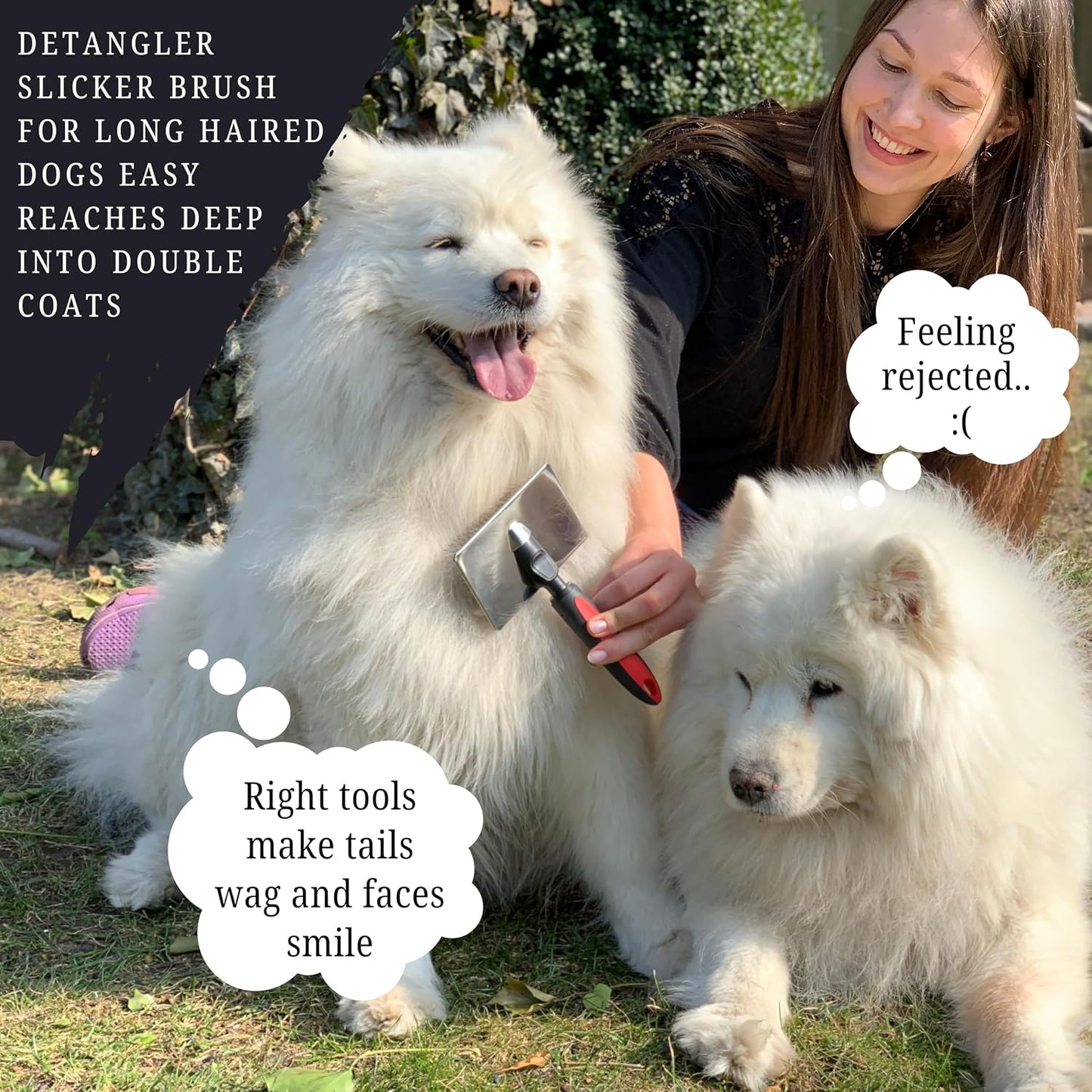 Flexible soft pad dog slicker brush avoiding excessive skin pressure.