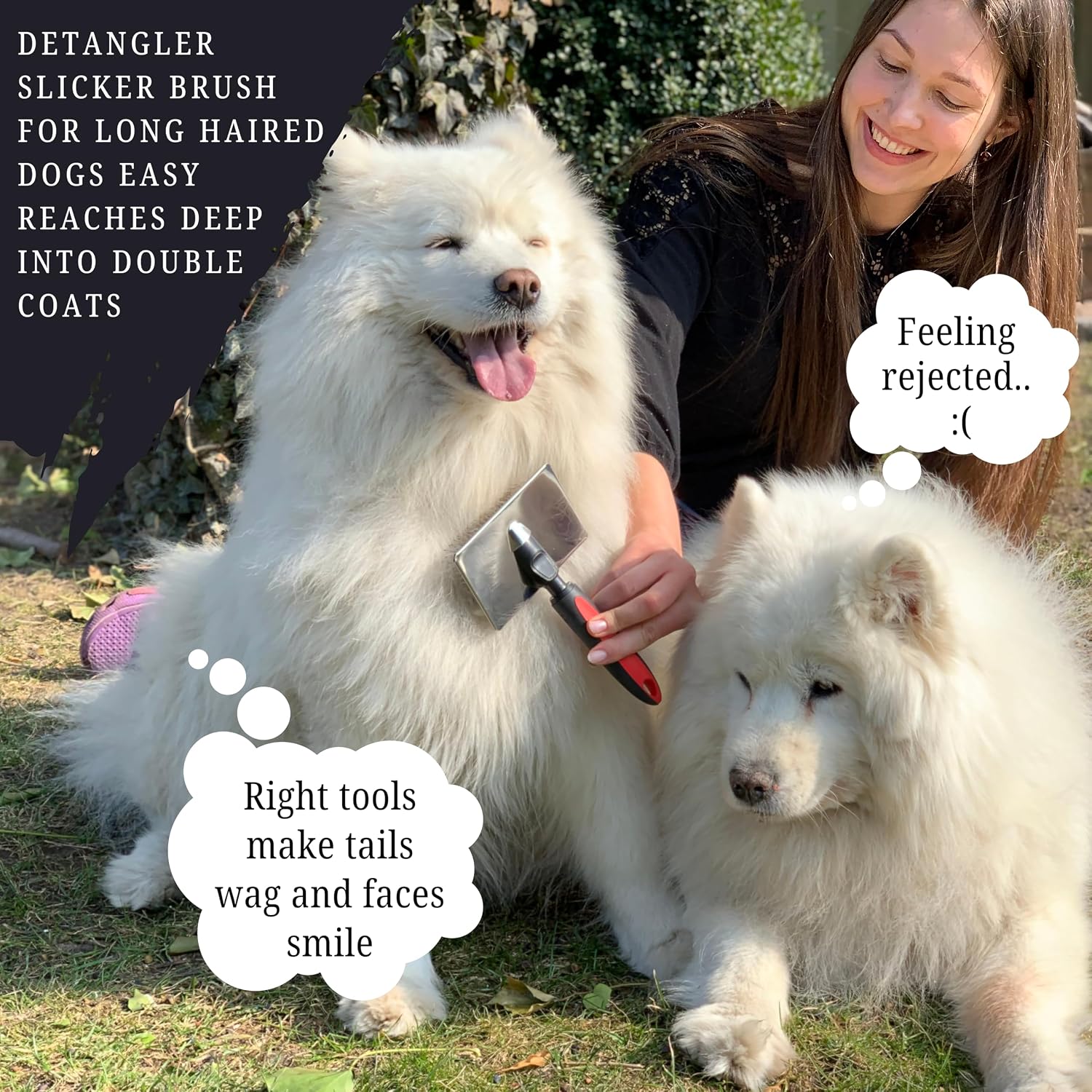 Flexible soft pad dog slicker brush avoiding excessive skin pressure.
