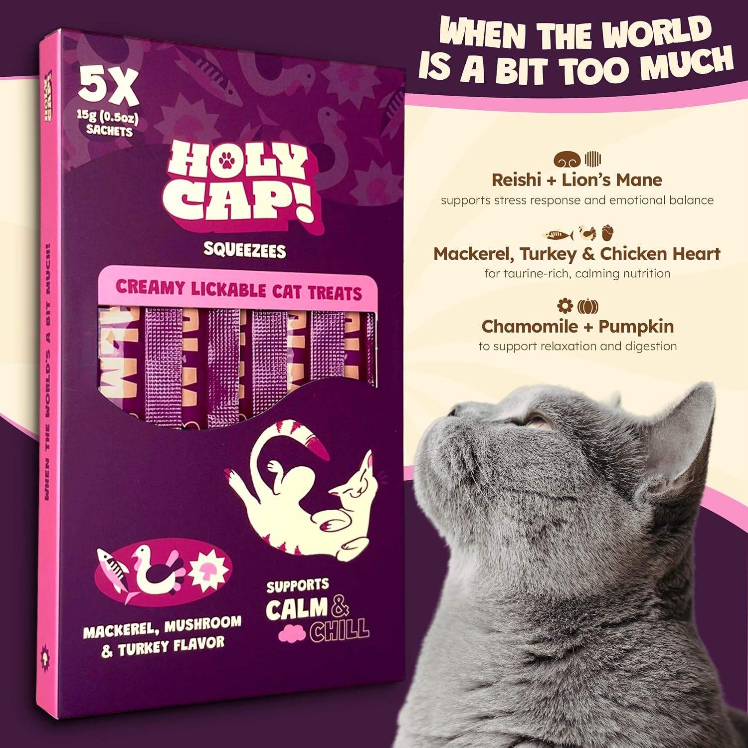 Holy Cap Calm and Chill grain free cat treats nutrition label
