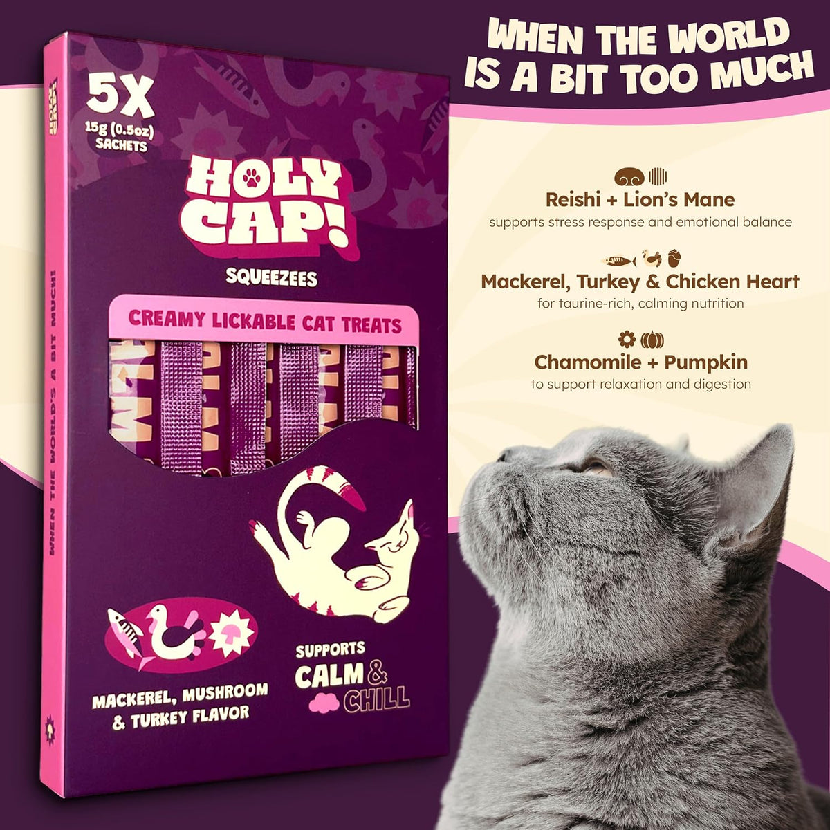 Holy Cap Calm and Chill grain free cat treats nutrition label
