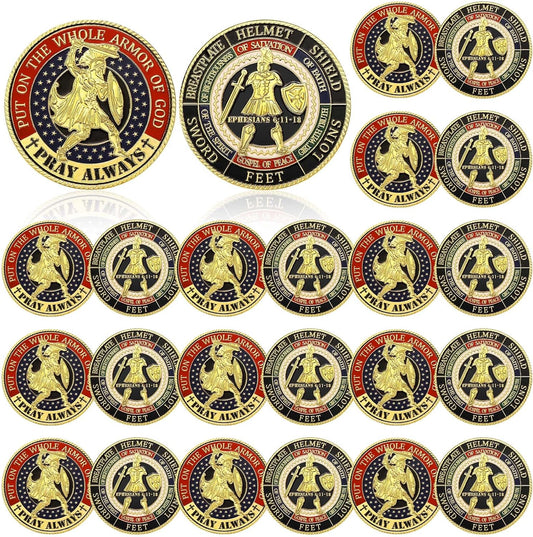 F4godwar Armor of God challenge coin front view showing engraved christian imagery.