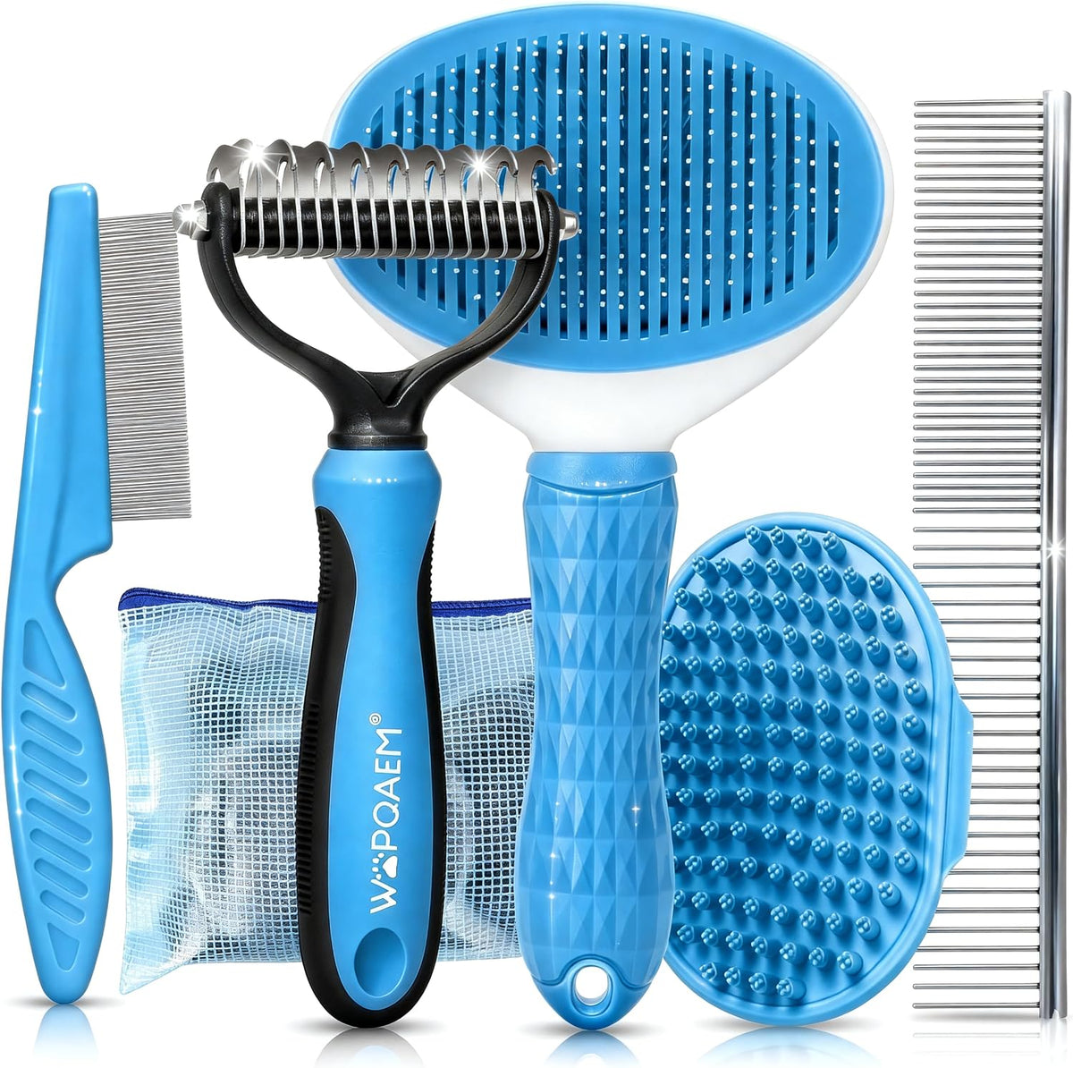 Dog Brush Grooming Kit 5 PCS - Self Cleaning Slicker Brush for Shedding Short Long Haired Dogs & Cats, Includes Pet Comb, Flea Comb, Bath Brush, Undercoat Rake - Complete Fur Care Set - Gray - Image 9