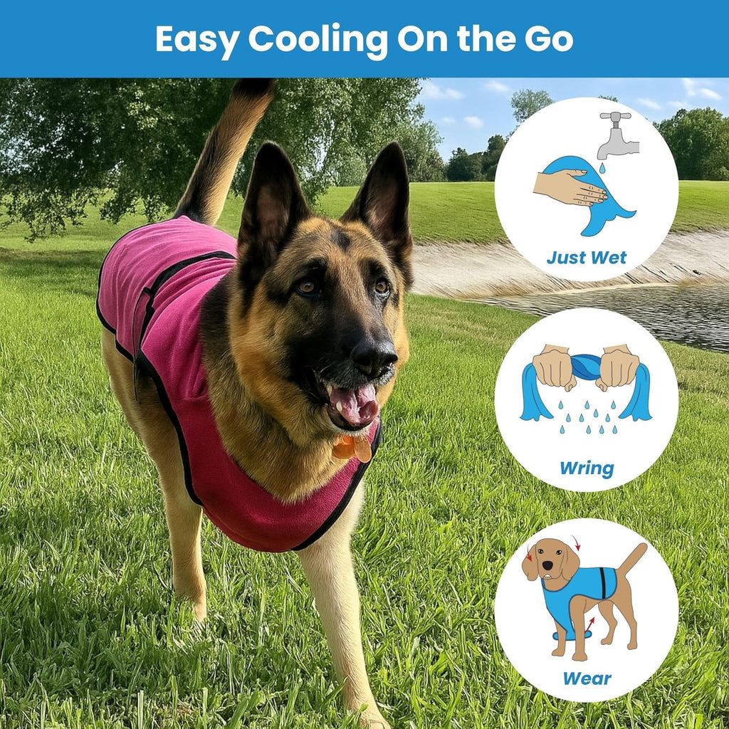 Side profile of dog in cooling vest showing fit