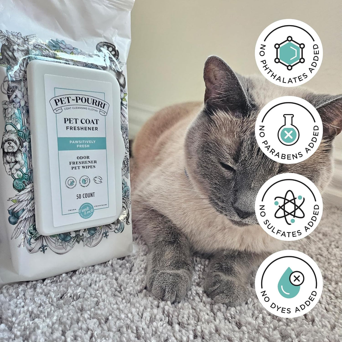 Daily quick cleaning pet wipes container ideal for removing stubborn pet coat odors.