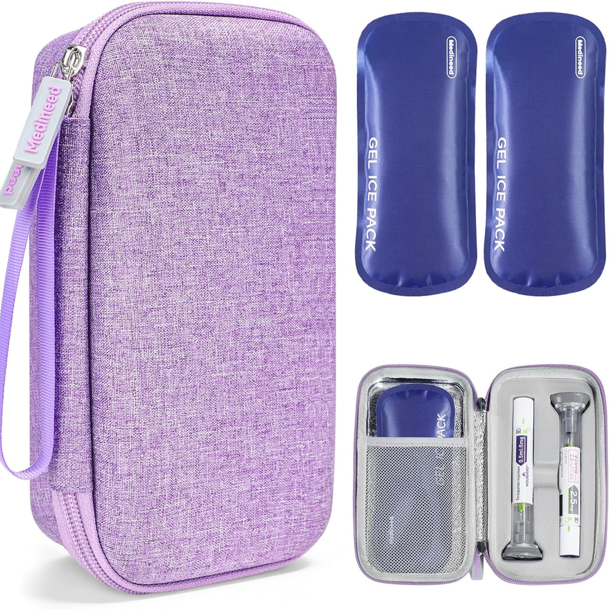 Medineed portable insulated cooler travel case front view showing purple hard shell design