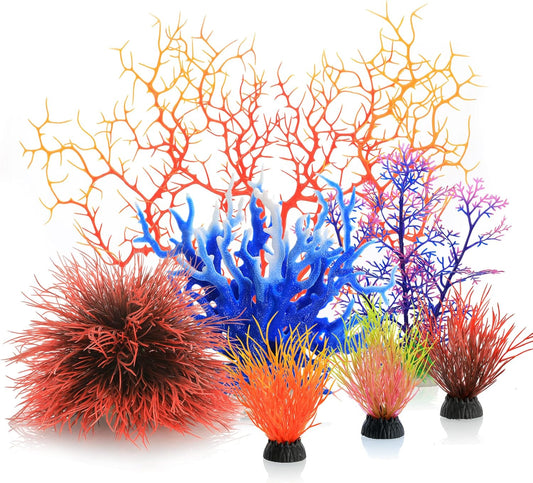 MyLifeUNIT Artificial Coral Aquarium Plants seven pack front view in a clean fish tank setup.