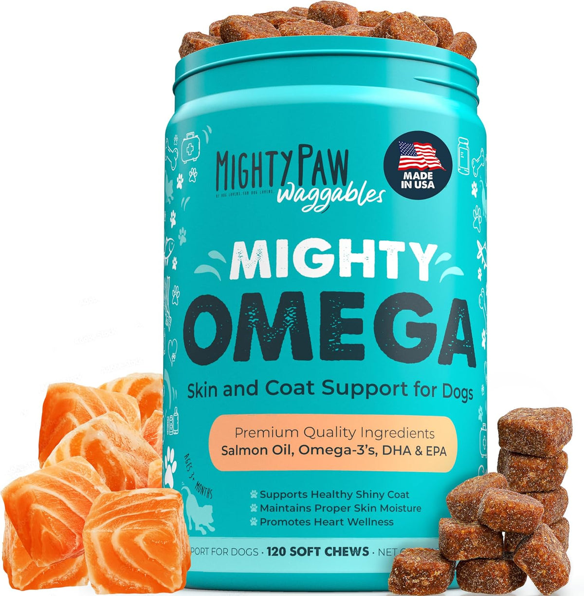 Mighty Paw Waggables Mighty Omega 120 count jar front view