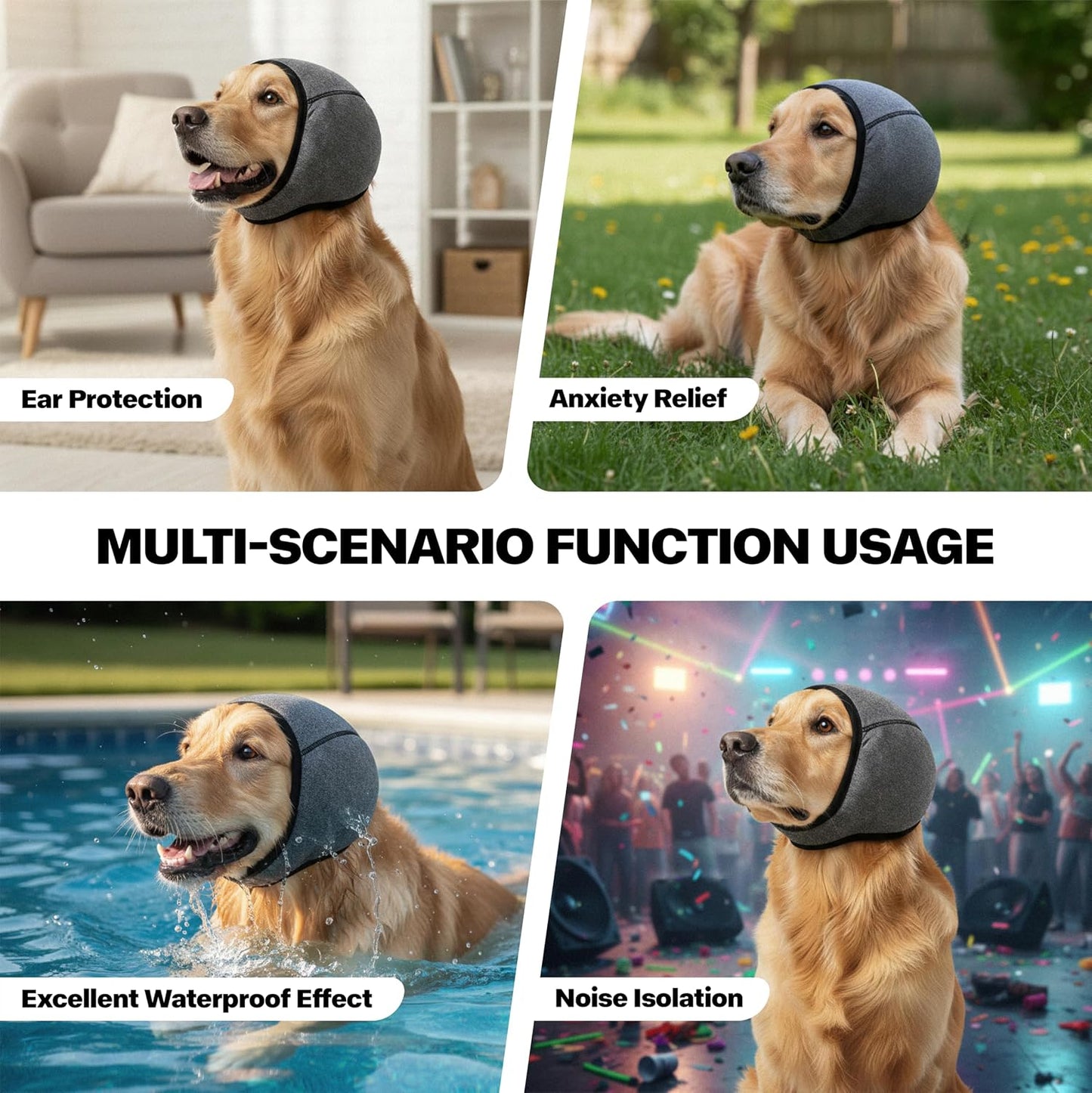 Grey snood style dog calming hoodie designed for anxiety and stress relief.