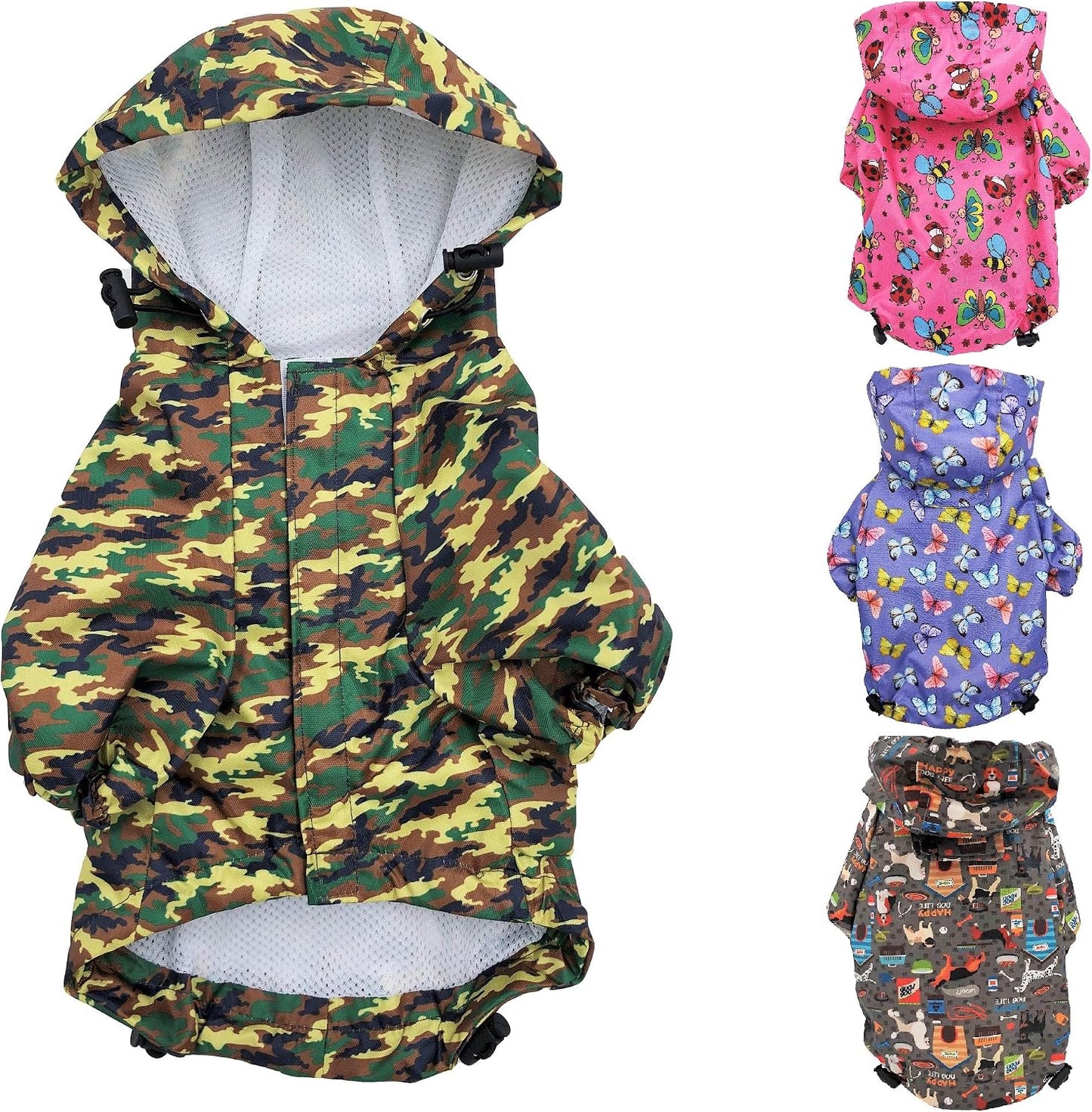 High quality waterproof fabric close up on a small pet protective rain coat.