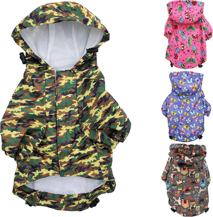 High quality waterproof fabric close up on a small pet protective rain coat.