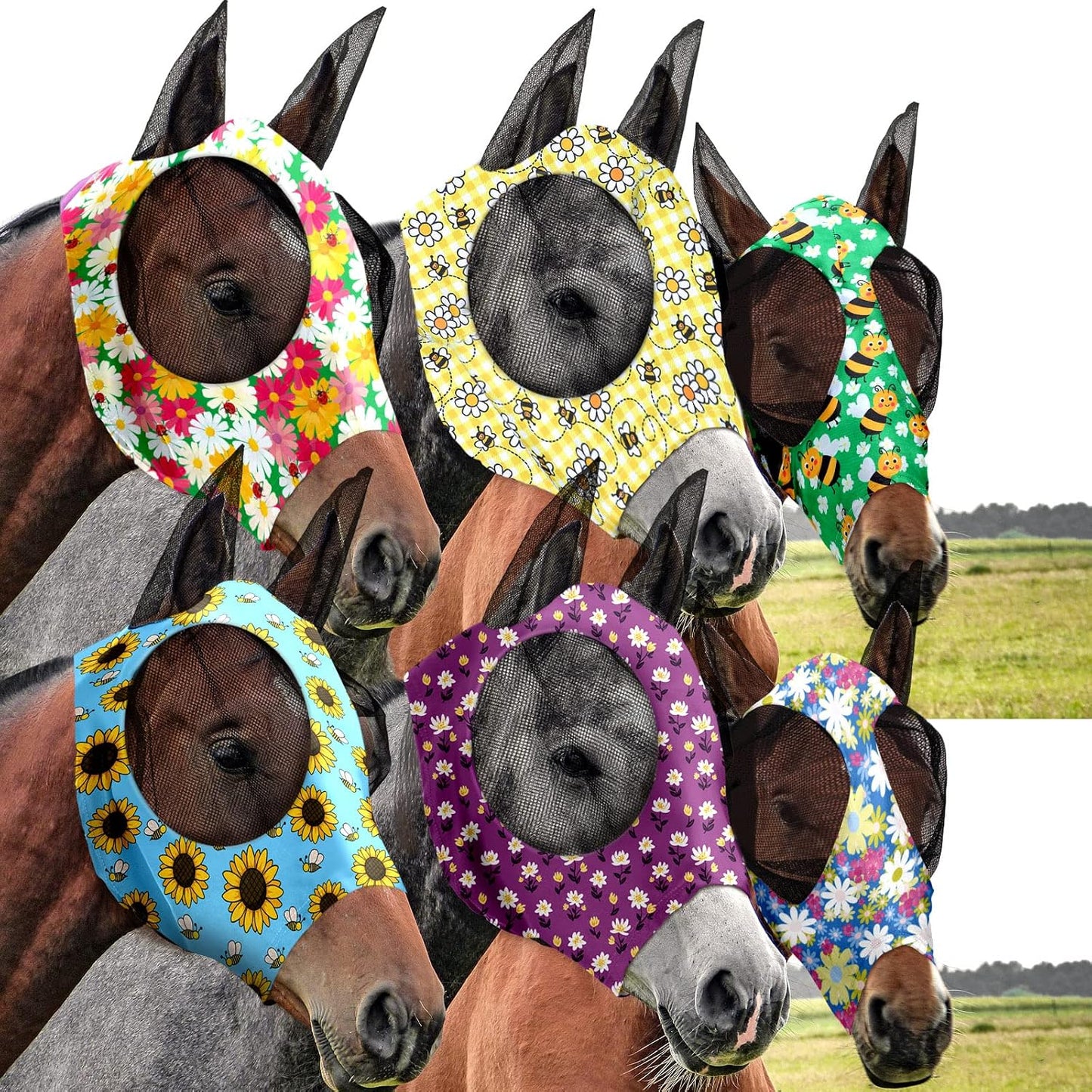 Chunful 6 Pcs Horse Fly Masks with Ears Smooth and Comfortable Mesh Fly Mask Elasticity Breathability UV Protection Horse Face Covering for Riding Supplies(Tie Dye,Large) - Image 12
