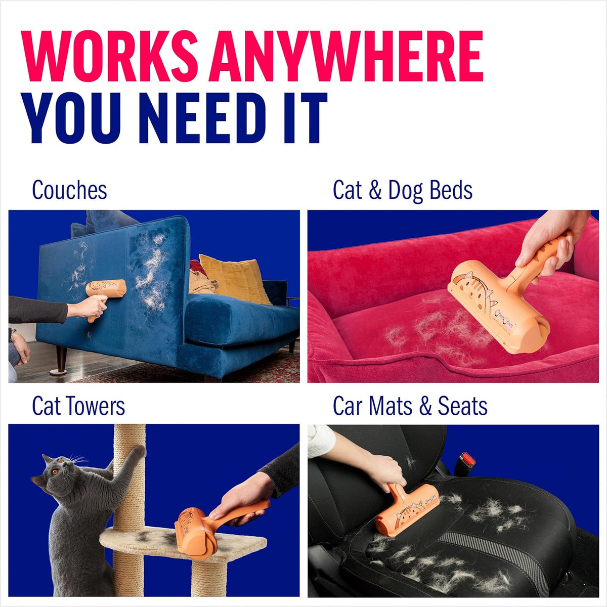 Multi surface pet fur remover on bedroom bedding and blankets