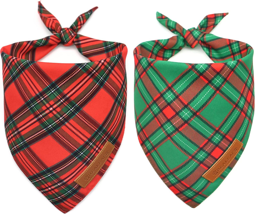Realeaf durable pet bandanas two pack arranged to show the full reversible pattern.