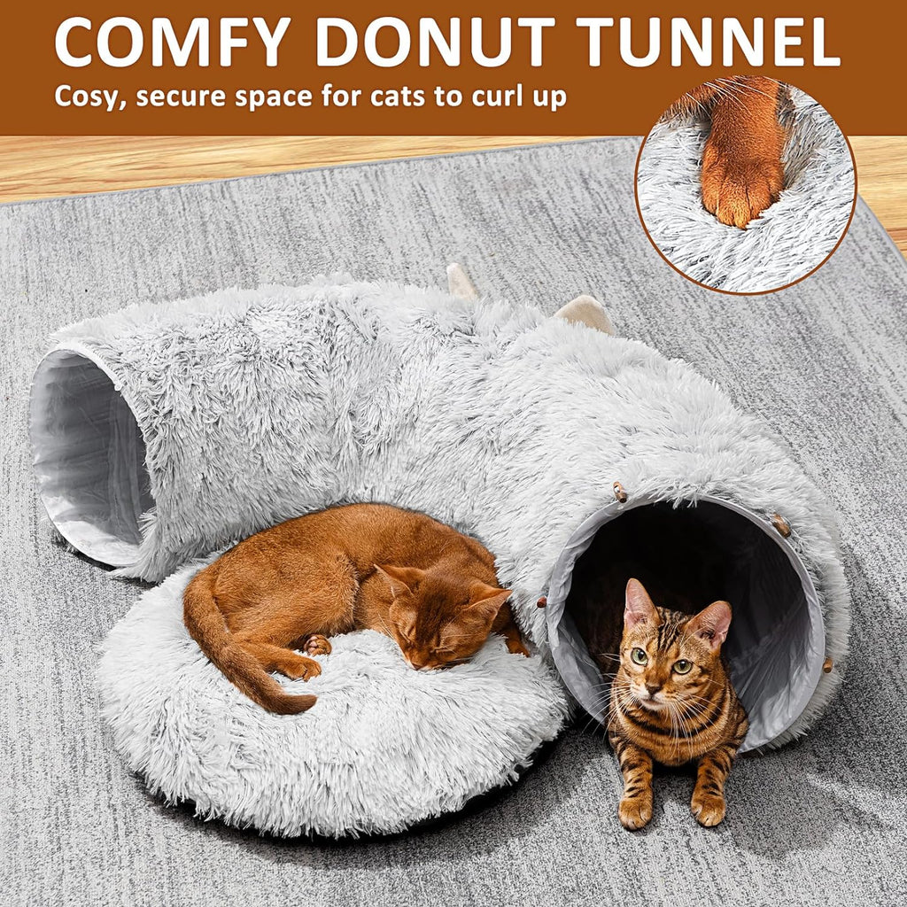 Cozy cat bed inside a soft plush tunnel for indoor kittens