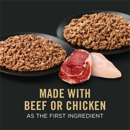 Purina Pro Plan adult wet dog food chicken and rice entree can close up view.