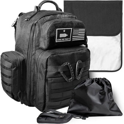 Bolder Babies dad diaper bag tactical military backpack front view in black