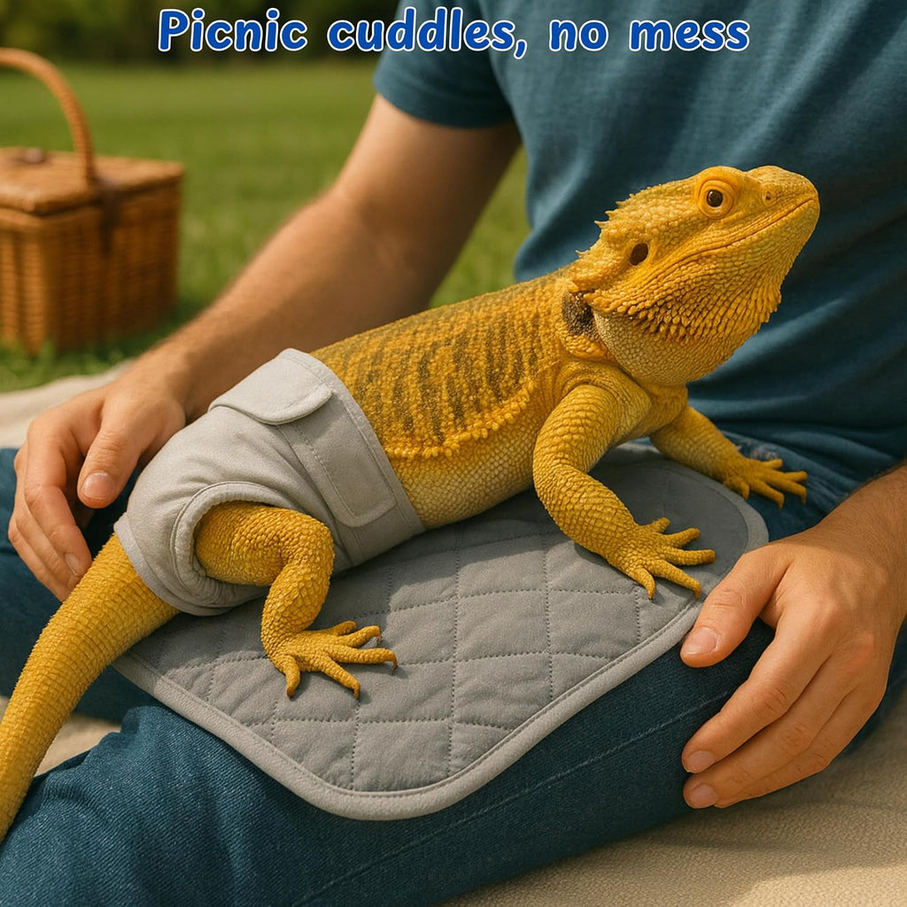 Flat lay showing the complete two-piece bearded dragon diaper and liner set