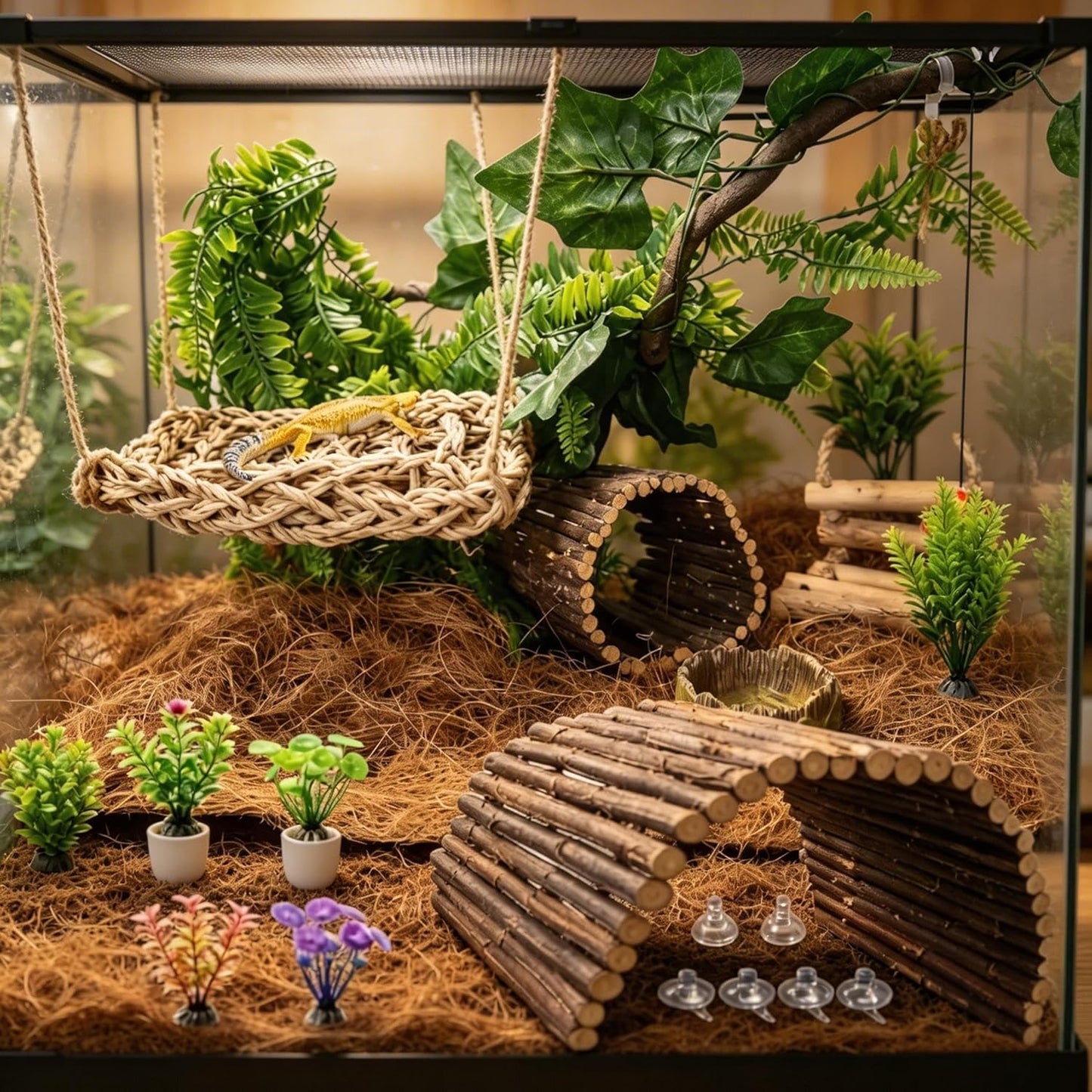 Tankmatdecor reptile hammock and climbing vines in terrarium