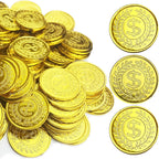 KOMIDK 100 Pieces Gold Plastic Coins front view showing shiny embossed currency design.