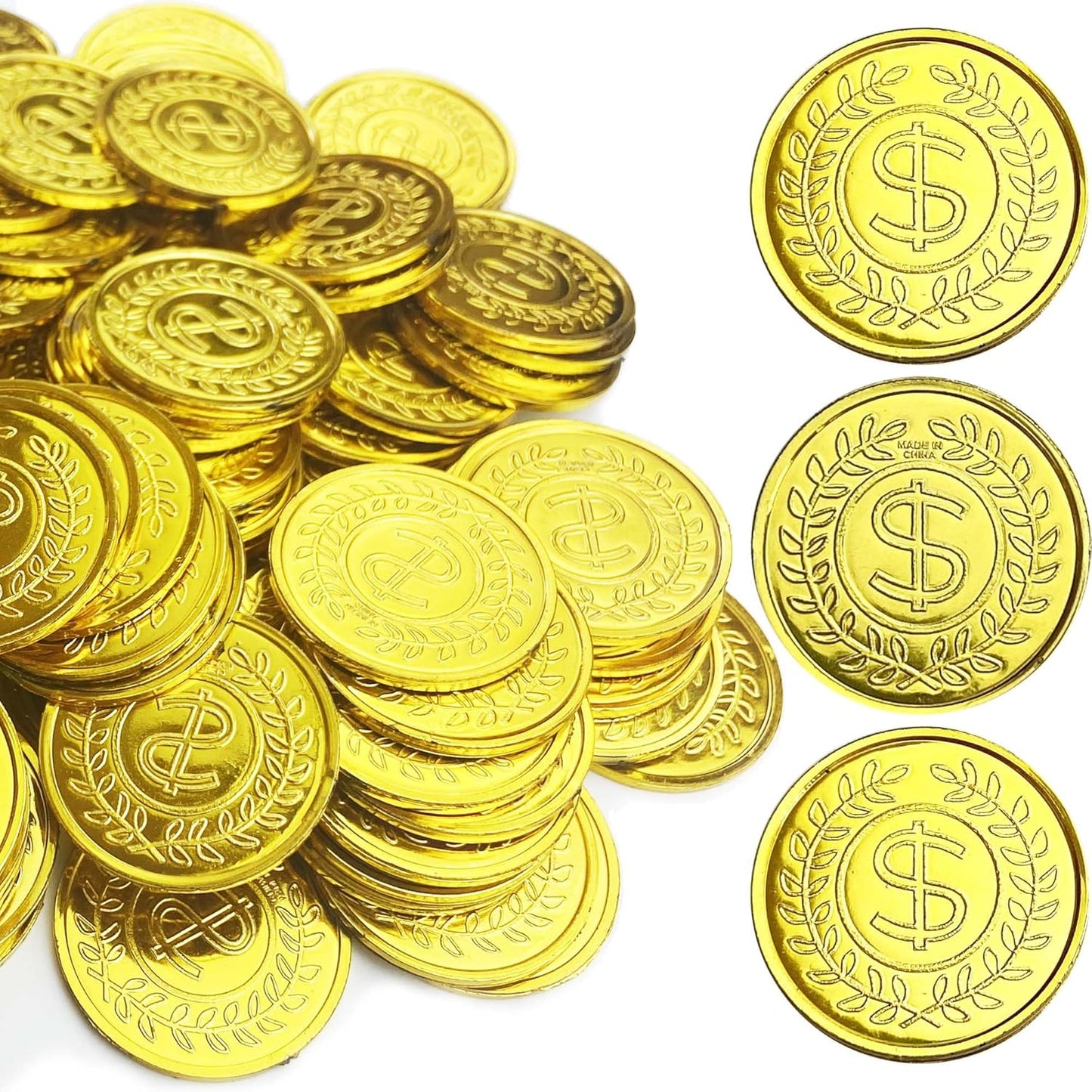 KOMIDK 100 Pieces Gold Plastic Coins front view showing shiny embossed currency design.