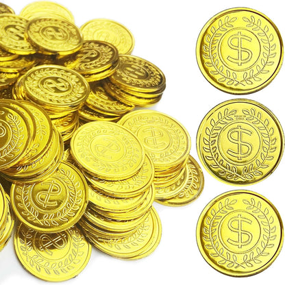 KOMIDK 100 Pieces Gold Plastic Coins front view showing shiny embossed currency design.