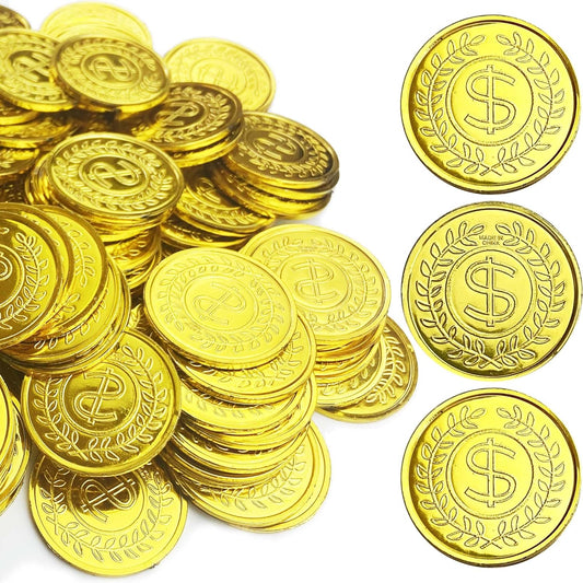 KOMIDK 100 Pieces Gold Plastic Coins front view showing shiny embossed currency design.