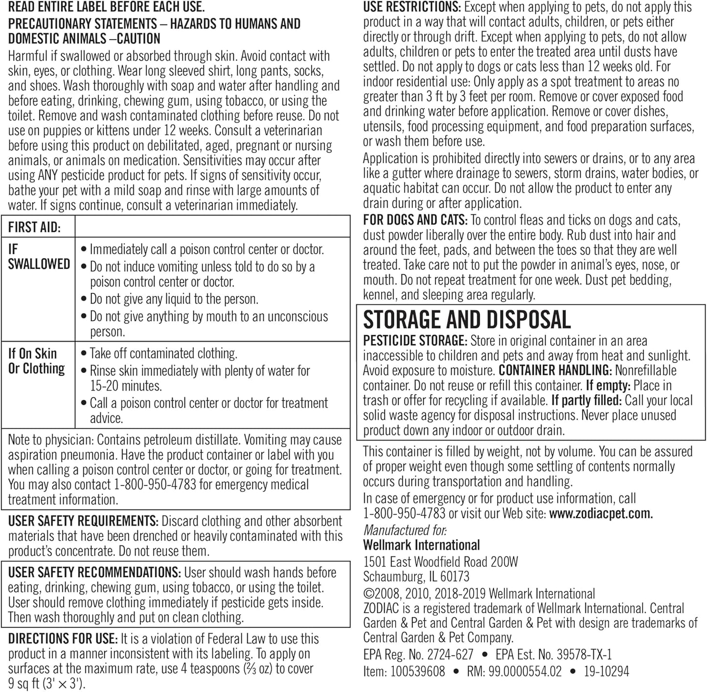 Zodiac Flea And Tick Powder beige small 6 ounce bottle showing active ingredient labels