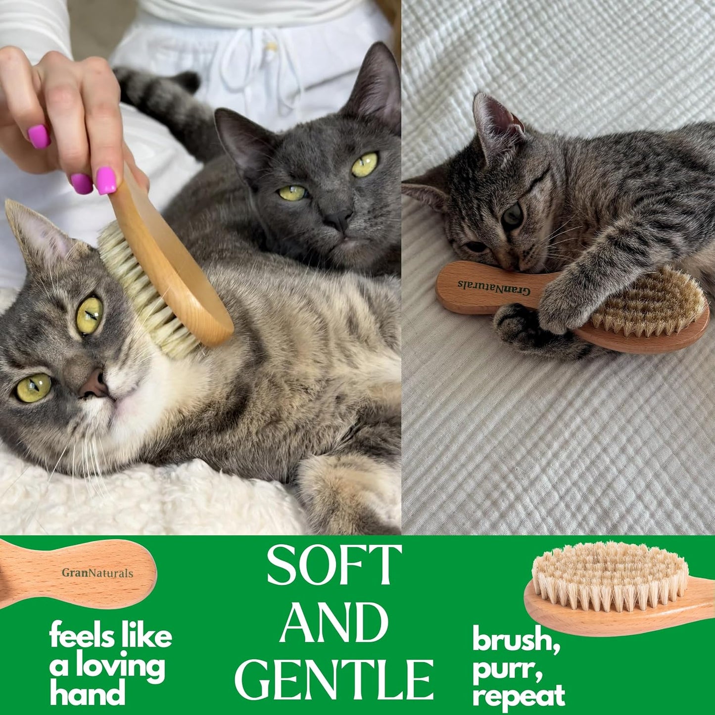 GranNaturals pet grooming brush angled view detailing the premium soft bristles for sensitive coats.