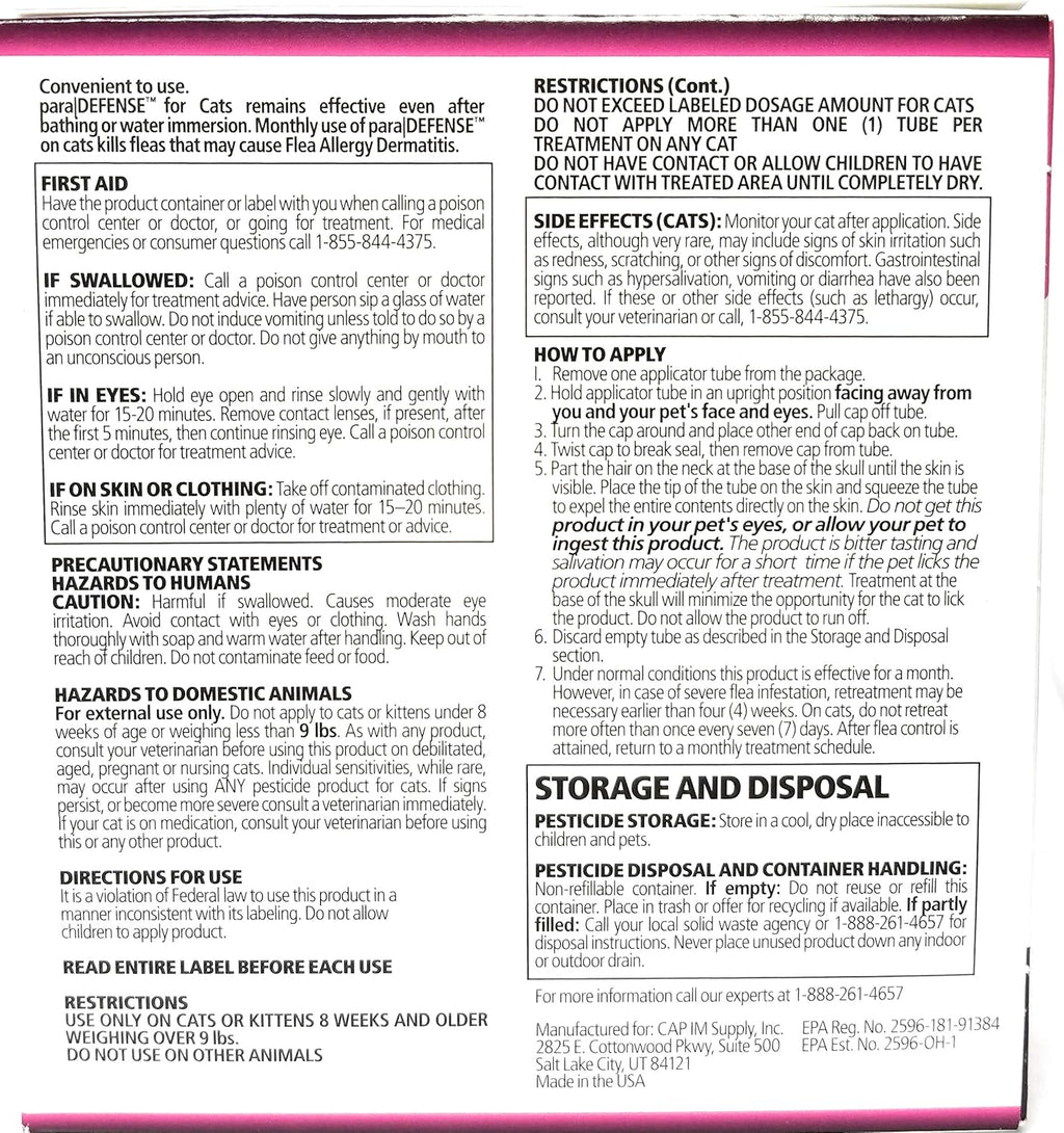 Para Defense monthly flea drops for large cats packaging back view showing ingredients