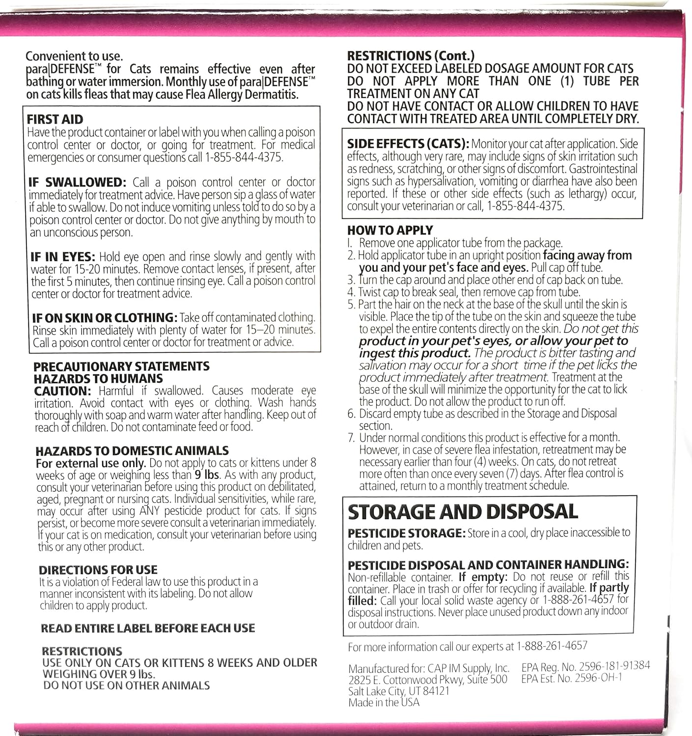 Para Defense monthly flea drops for large cats packaging back view showing ingredients