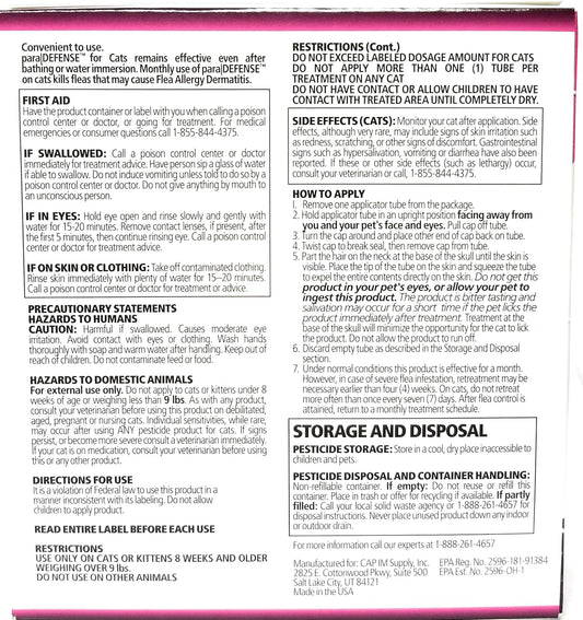 Para Defense monthly flea drops for large cats packaging back view showing ingredients